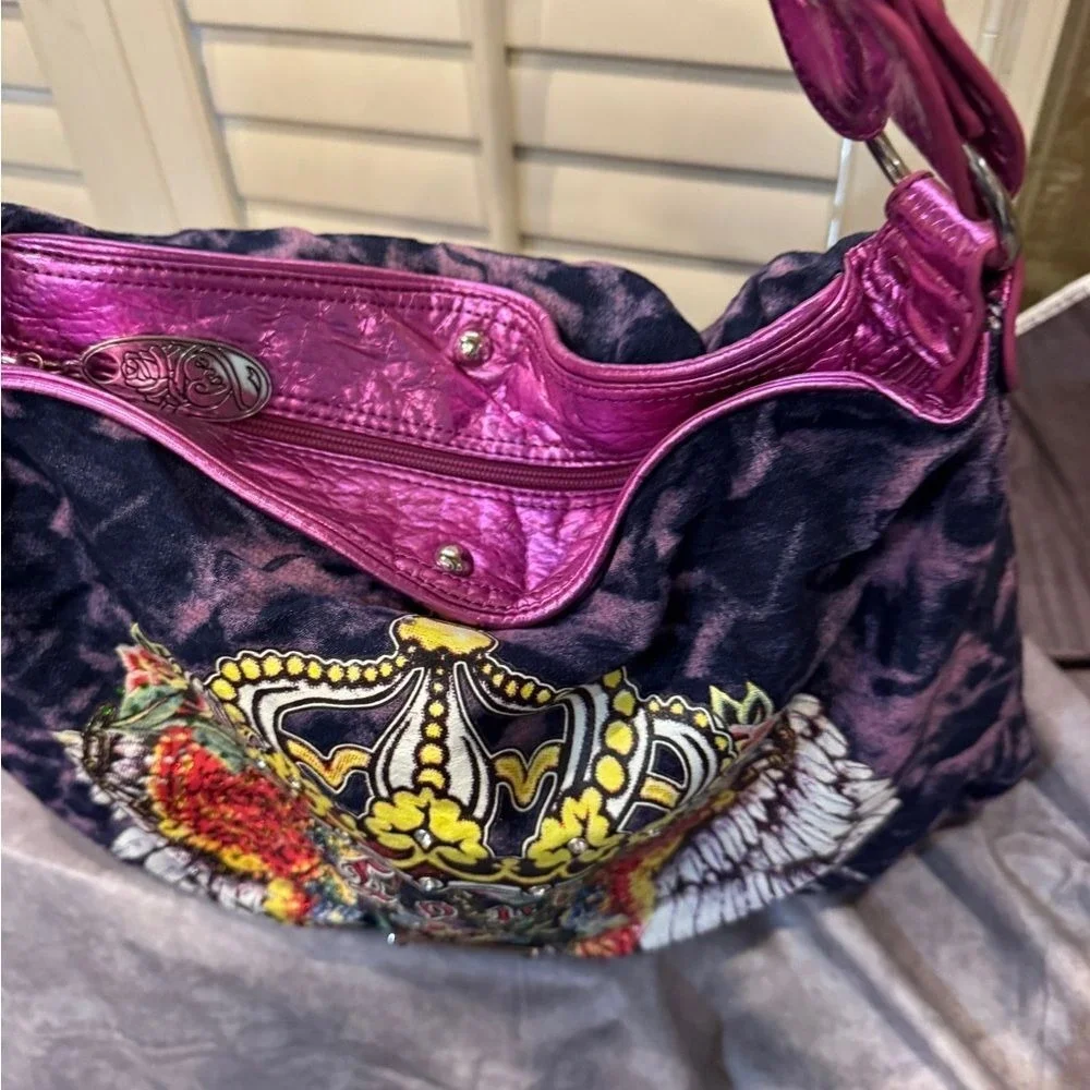 Rare Ed Hardy Large‎ Tye Dye Hobo Metallic Crystal Tattoo. Amazing NWOT